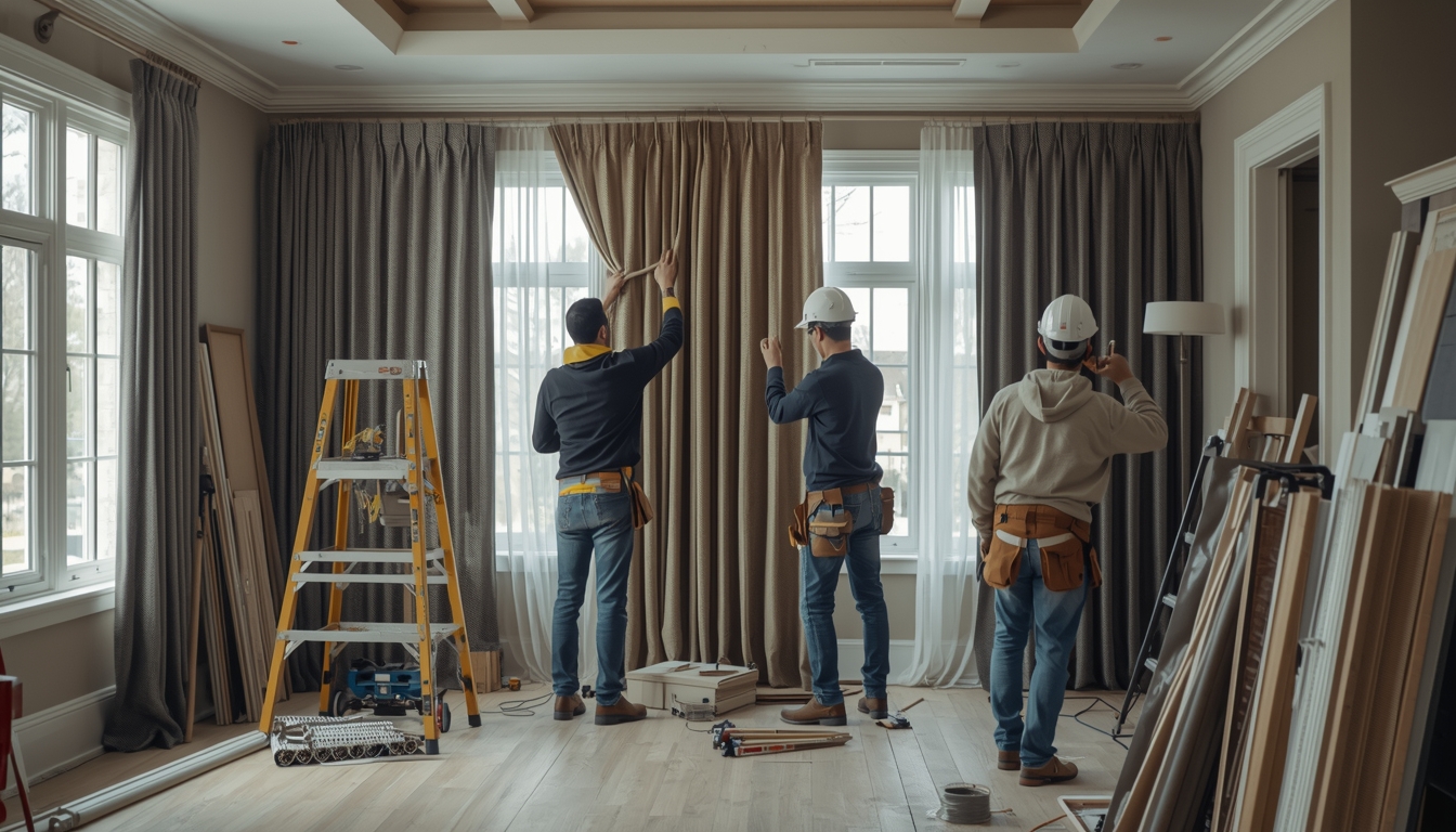 Professional curtain installation in progress